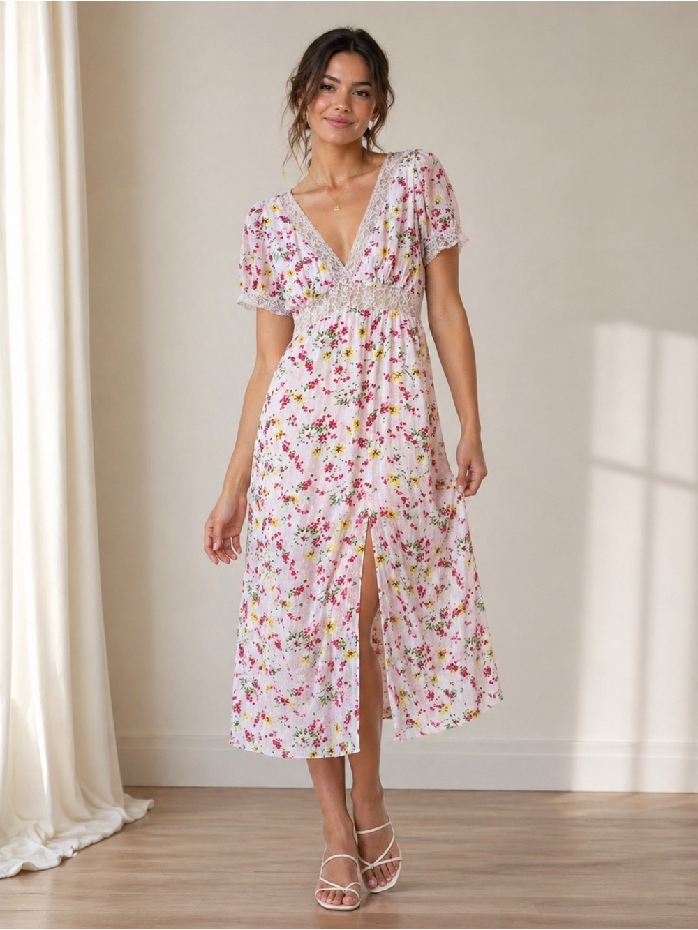 LPA Floral Lace Trim Midi Dress in Blush Pink